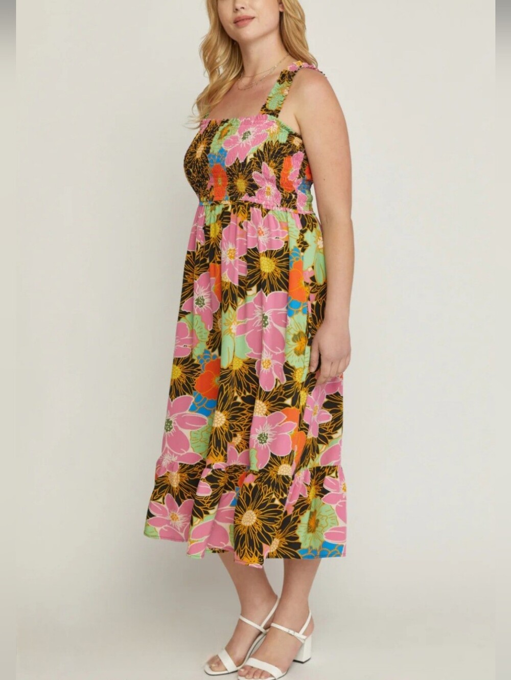 Anthropologie Entro Floral Smocked Midi Dress 1X Retro Boho Sundress
